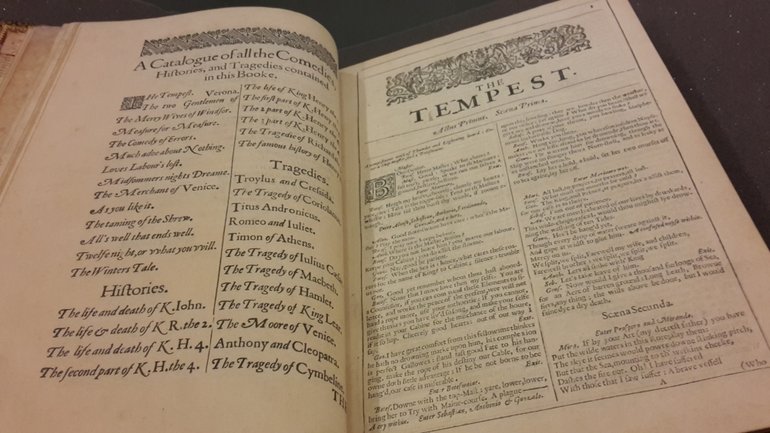 Contents page and the title page for The Tempest from the Second Folio, 1632